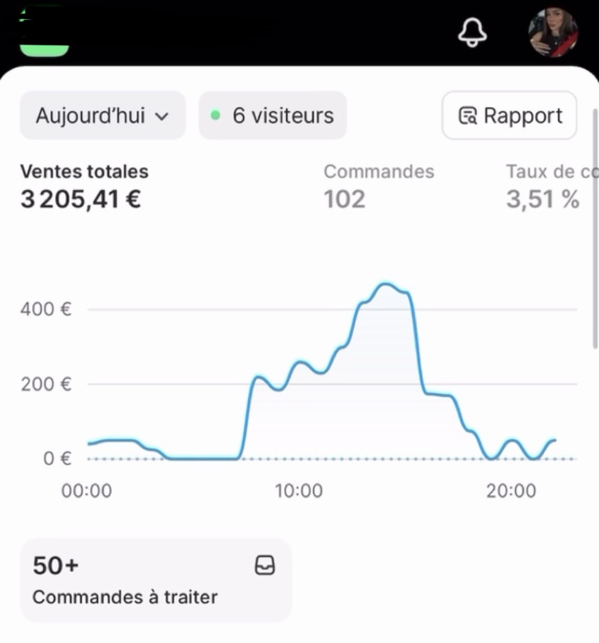 Ventes Shopify : 3 205 € en une journée